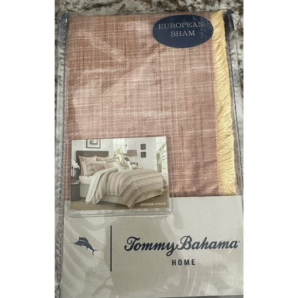 Tommy Bahama Home Pillow Sham Euro Sunrise Stripe 26x26 Coral Tropical Fringe - Picture 4 of 5